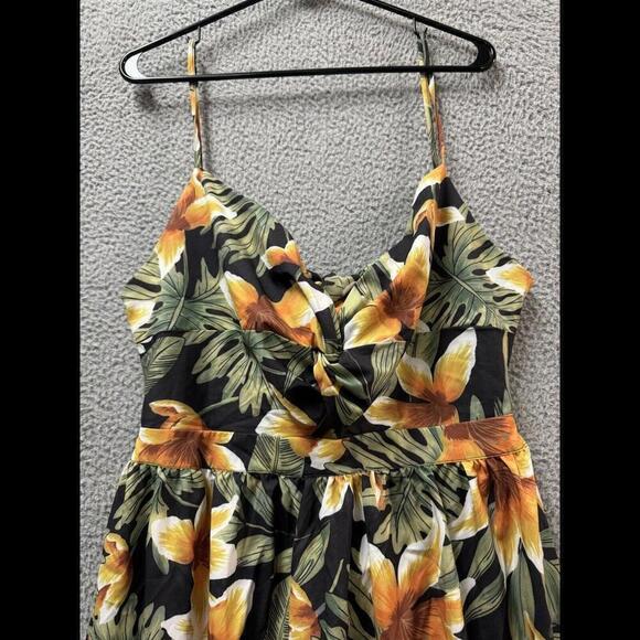 Willotis Dress Womens 2X Green Orange Floral Hawaiian Tie Back Midi Stretch - Picture 2 of 12